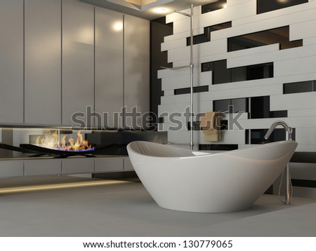 A 3D rendering of modern bathroom interior with fireplace A 3D rendering of modern bathroom interior with fireplace