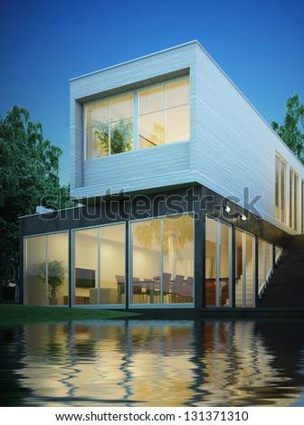 3d Rendering Of Modern House At Night Stock Photo 131371310 
