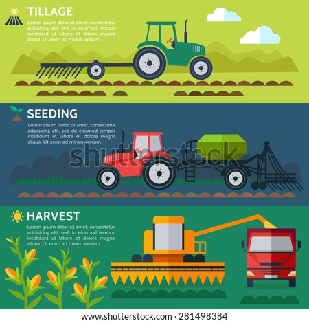 Illustration of the process of growing and harvesting crops. Equipment for agriculture. Vector