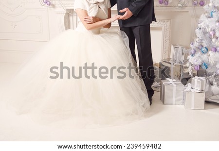 Man and woman holding each other\'s hands. Bride and groom on the background of a New Year\'s interior room. Hands close up. Christmas Festive concept for the original wedding day. Happy New Year.