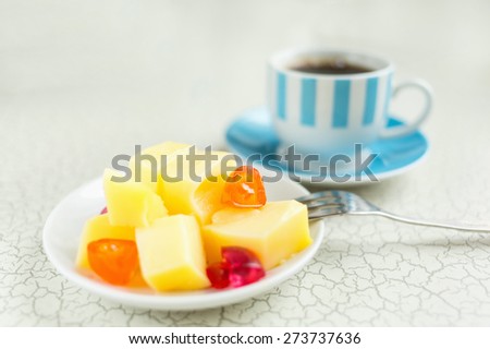 Milk pudding and fruit candy for dessert. Coffee and orange slices for breakfast.