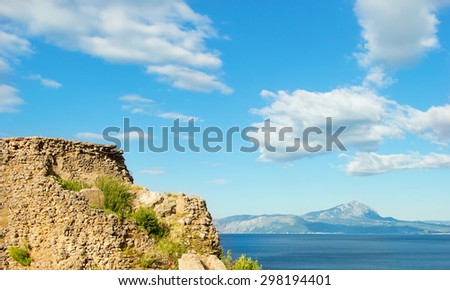Seascape. Sea, mountains and sky of Italy. The shores of the Tyrrhenian Sea.