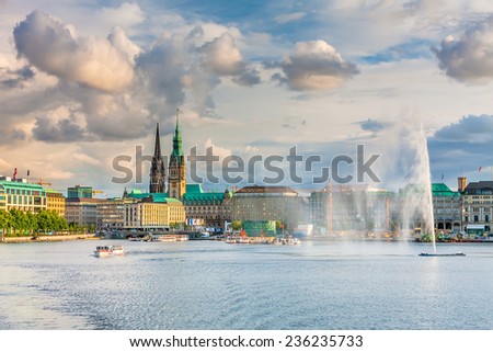 Panoramic view of the lake and the center of Hamburg. Panoramic view of the center of Hamburg, a lake with a fountain and a ship