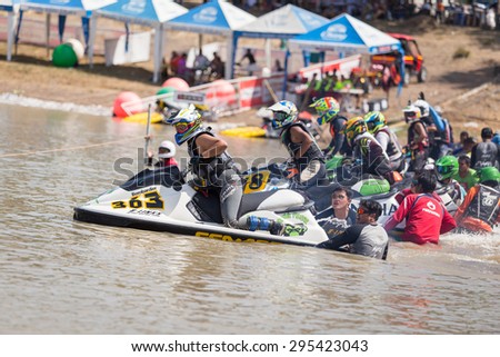 Phra Nakhon Si Ayutthaya THAILAND-JULY 11:Starting gate in action during moto2 class Pro Jet Ski ride 800 cc. the Jetski pro tour 2015 at Phra Nakhon Si Ayutthaya on July 11, 2015 in,Thailand.