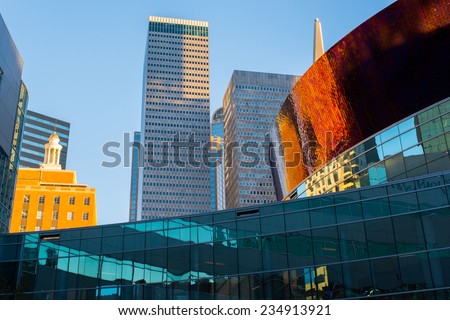 Downtown Dallas church and office buildings with a clear blue sky
