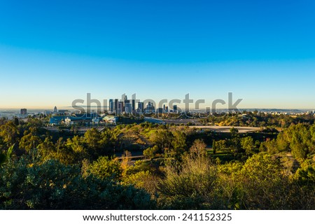 View of downtown Los Angeles and Dodger Stadium in early morning from Elysian park