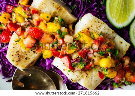 Decontructed Fish Tacos on a bed of cabbage