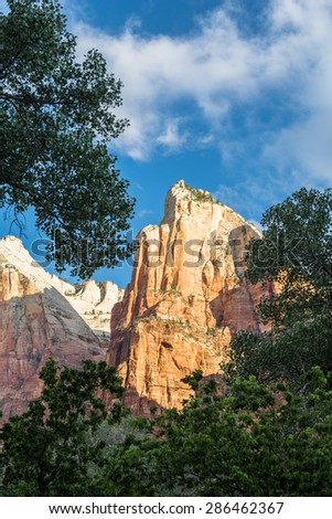 Mountainous Rock towering above the canyon floor at Zion National Park, Utah, USA