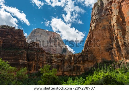 A view of the great white throne in Zion National Park from Big Bend, though Angels landing