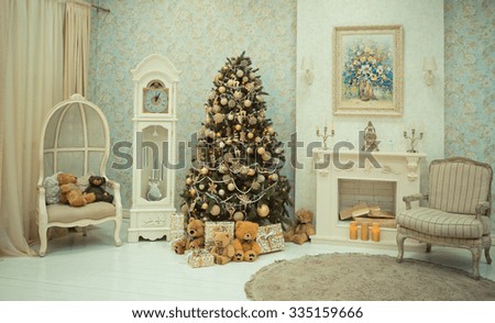 New Year\'s interior. Christmas tree. Christmas. Christmas tree. gifts and toys under the Christmas tree. Christmas decorations. Luxury , bright, clean bright beautiful home interiors.