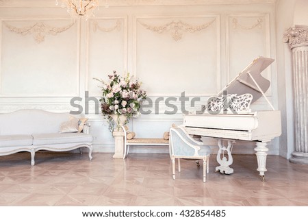 Luxury light interior of sitting room with old stylish vintage furniture.
