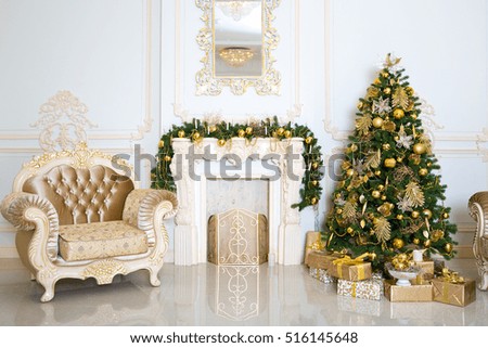 Luxury living room interior decorated with chic Christmas tree