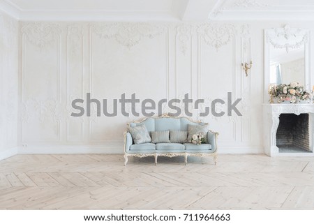 luxurious light interior in the Baroque style. A spacious room with a road chic beautiful furniture, a fireplace and flowers. plant stucco on the walls