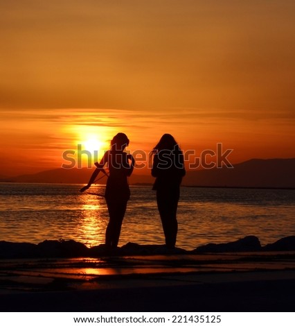The Girls in the sunset, Girls, Sunset, Girls Silhouette, Sunset on Sea, People, Orange, Female, Sun