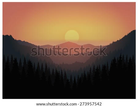 Vector landscape. Panorama of mountains. Valley(canyon). Three peaks.Orange and violet tones. Eps 10