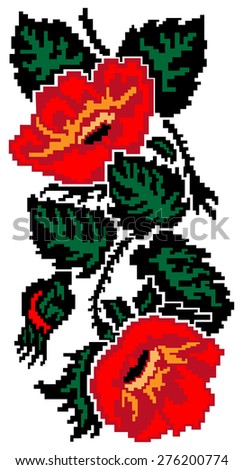 Color  image of flowers (poppies) using traditional Ukrainian embroidery elements. Can be used as pixel-art.