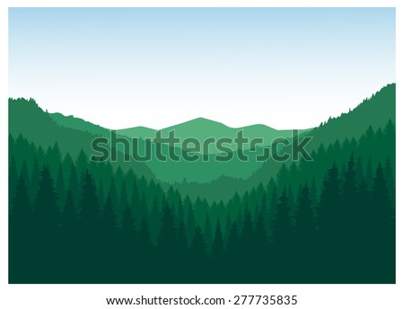 Image. Panorama of mountains. Valley(canyon). Three peaks. Green tones.