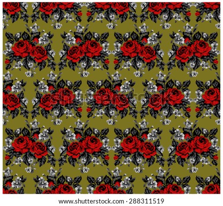 Seamless pattern. Color bouquet of flowers (roses and cornflowers)  on the green background using traditional Ukrainian embroidery elements.  Can be used as pixel-art, card, emblem, icon.