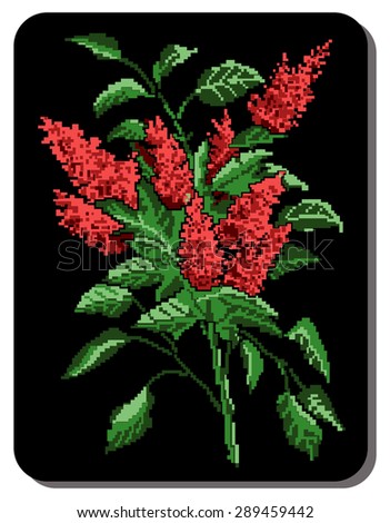 Red bouquet of flowers (bloom of lilacs) on the black background using traditional Ukrainian embroidery elements. Can be used as pixel-art.