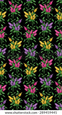 Seamless. Pattern. Color image bouquet of flowers (bloom of lilacs) on the black background using traditional Ukrainian embroidery elements. Can be used as pixel-art.