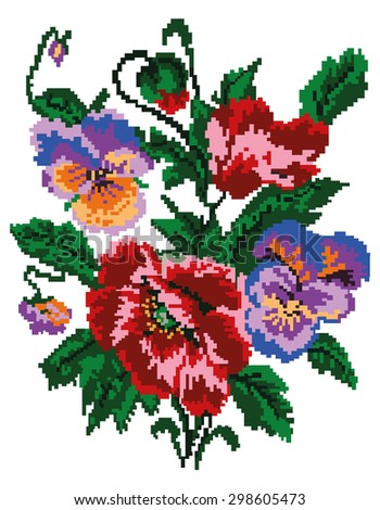 Color  bouquet of flowers (poppies and pansies) using traditional Ukrainian embroidery elements. Can be used as pixel-art.
