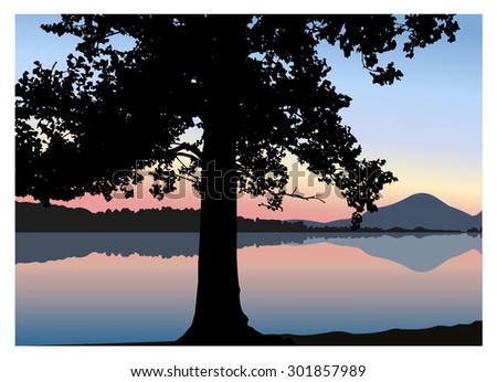 Vector landscape. Silhouette of tree on the background of colorful sky and panorama of mountains. Sunset. Blue and pink tones. Eps 10.