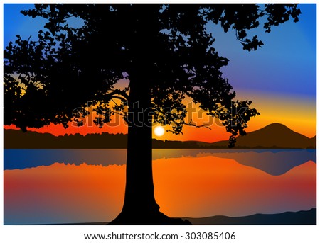 Vector landscape. Silhouette of tree on the background of colorful sky and panorama of mountains. Colorful sunset. Eps 10.