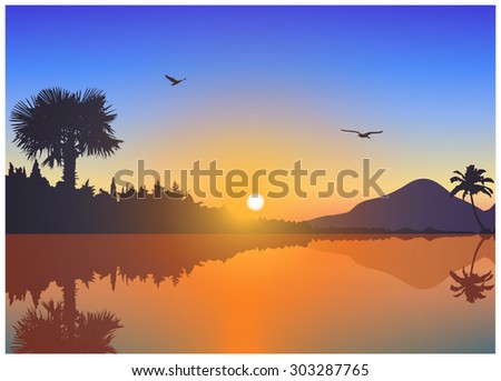 Vector landscape. Sunset on exotic island with volcano and palms. A birds on the background of colorful sky . Eps 10.