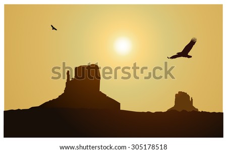 Vector landscape background. Western desert. Rocks. Flying eagles. Yellow sky. Eps 10.
