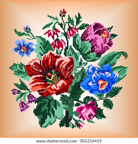 Color bouquet of wildflowers (lilia, bellflower, barberry flower, rose and cornflowers) using traditional Ukrainian embroidery elements. Can be used as pixel-art. Convex surface.