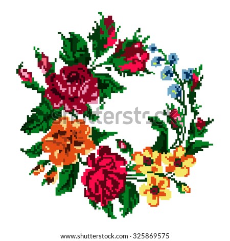 Wallpapers or textile. Color circle  bouquet of flowers (roses, chamomile and cornflowers) using traditional Ukrainian embroidery elements.  Can be used as pixel-art.