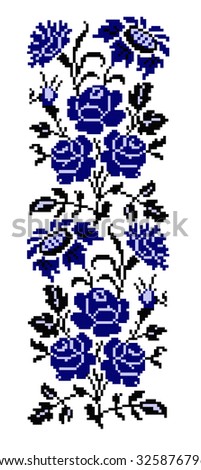 Bouquet of flowers (roses, cloves and sunflowers) using traditional Ukrainian embroidery elements. Black and blue tones. Border pattern. Can be used as pixel-art.