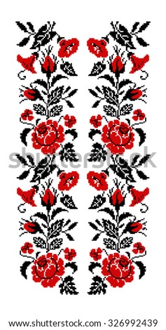 Color bouquet of flowers (roses, bellflowers and pansies) using traditional Ukrainian embroidery elements. Red and black tones. Seamless  pattern. Can be used as pixel-art.