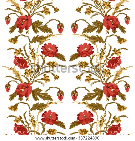 Color  bouquet of flowers (poppies,ears of wheat and cornflowers) red and brown tones. Ukrainian embroidery elements. Hand made. Seamless pattern. Can be used as pixel-art.