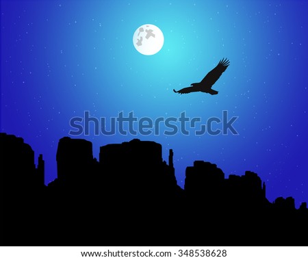 Vector  landscape background. Western desert. Rocks. Flying eagle. Night sky. Moonlight. Eps 10.