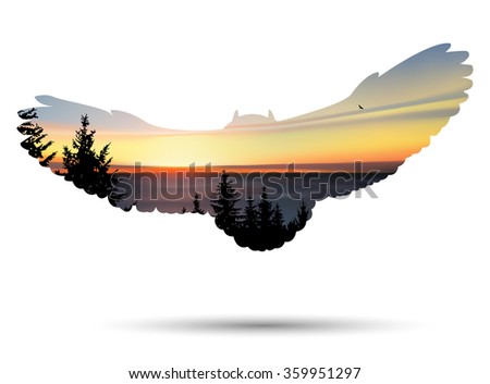 Silhouette of owl with coniferous trees, sea horizon and colorful sky.