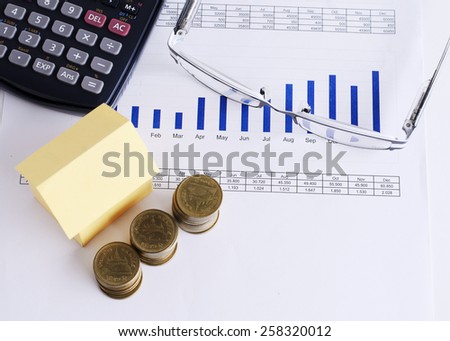 Coins stack and house paper and calculator and eyeglass on chart for Loans money concept