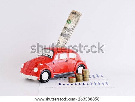 Dollar banknote into car bank and coins stack for loans money concept