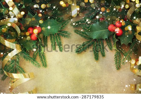 Christmas Fir Tree Border over Vintage background Christmas Fir Tree Border over Vintage background