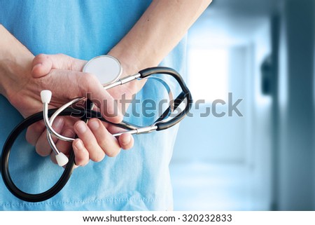 Healthcare And Medicine. Doctor with stethoscope in a hospital