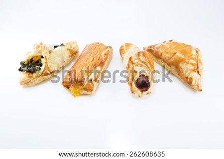 Spinach Pie, Sausage Pie, Sauce Chicken Pie, Pineapple Pie isolated on white background