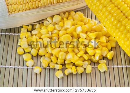 close up of canned corn and sweet corn  on Makisu background, selective focus (detailed close-up shot)