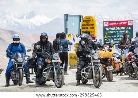 Ladakh,India - July 11,2014 : Bikers group at Khardungla Pass World highest motorable Road.