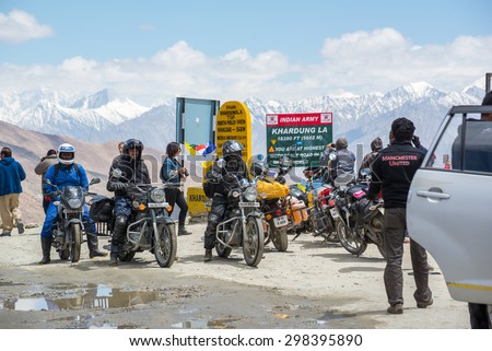 Ladakh,India - July 11,2014 : Bikers group at Khardungla Pass World highest motorable Road.