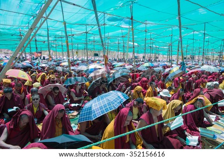 Leh Ladakh,India - July 8,2014 :  Lama (monk) attending His Holiness the Dalai Lama\'s 33rd Kalachakra Empowerment in Leh, Ladakh.