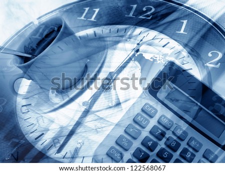 Business design background with clock, world map, calculator and cup of coffee