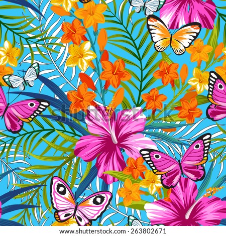 Tropical seamless print with exotic flowers, leaves and butterflies. Jungle palm leaves and hibiscus.Flower bouquets.