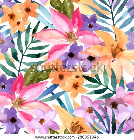 Fashion seamless pattern with exotic flowers and leaves. Tropical palm leaves and flowers.