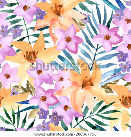 Exotic seamless floral pattern. Tropical  vector background with exotic flowers and palm leafs. Watercolor painting