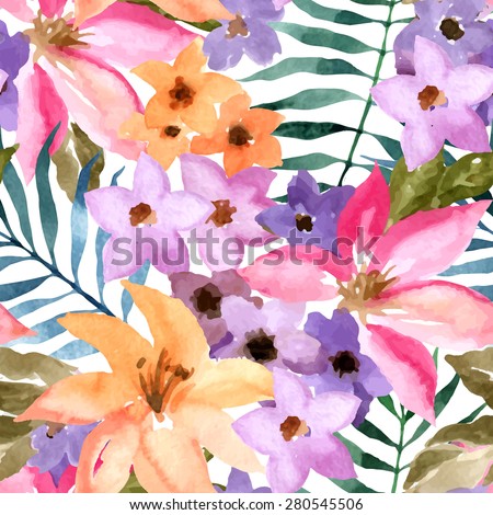 Fashion seamless pattern with exotic flowers and leaves. Tropical palm leaves and flowers.